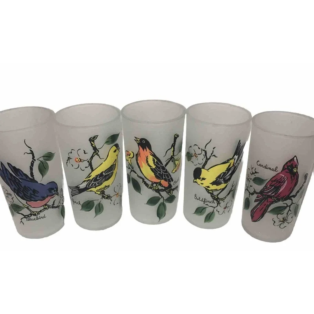 Hazel Atlas Frosted Drinking 5 Glasses Bluebird, 2 Goldfinch's,Cardinal,Oriole